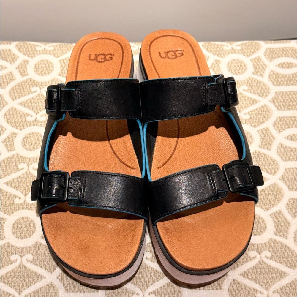 UGG HANNELI BLACK PLATFORM WEDGE LEATHER SLIPPERS 7.5.  worn only a few times. - Picture 5 of 9